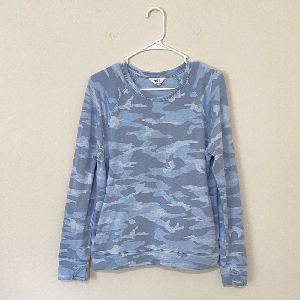 Athleta Girl Heather Blue Camo Printed Warm Up Sweatshirt Size XXL - Picture 2 of 7